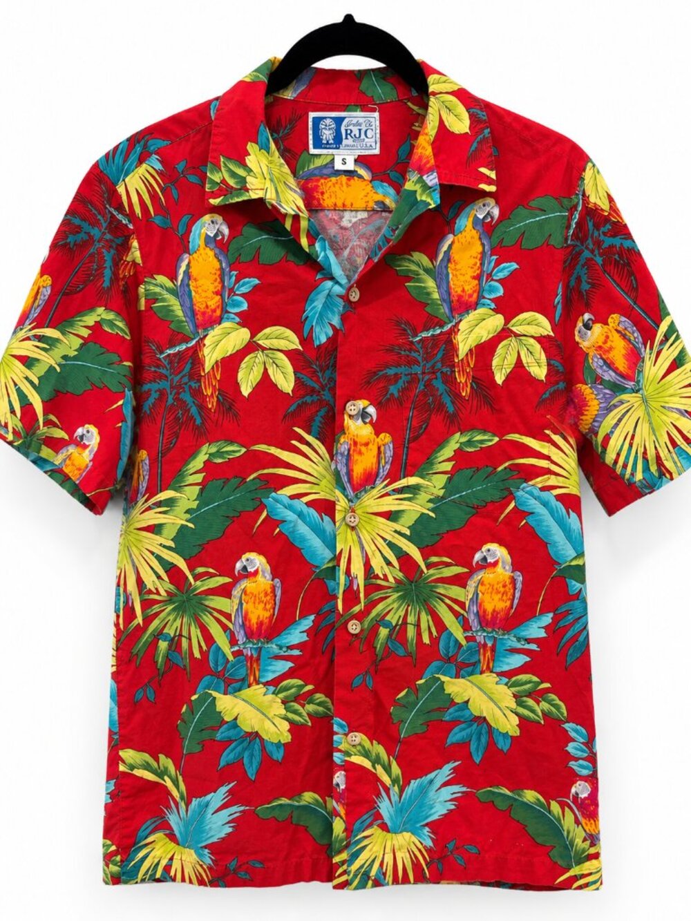 RJC Made in Hawaii Red Parrot Tropical Hawaiian Shirt Men’s S Aloha
